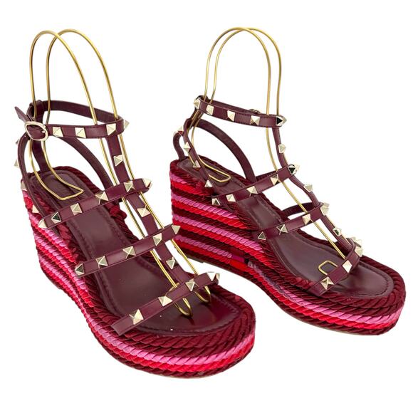 VALENTINO GARAVANI Torchon Rockstud Wedge Sandal EU 39 US 9 Red Pink Platform - Picture 2 of 11